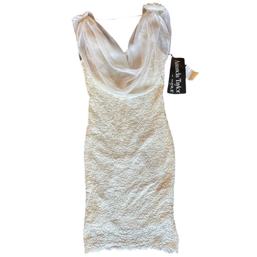 Vintage short wedding dress cowl neck drape lace